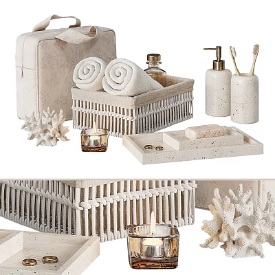 Natural Bathroom Accessories With Basket Towels And Decor 3d model