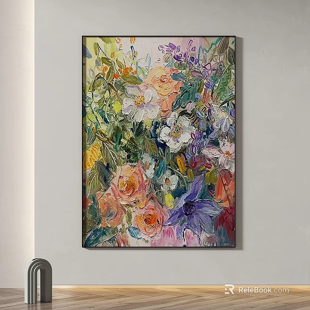 Vibrant Floral Oil Painting With Pink Orange Purple White Flowers For Wall Decor 3d model 