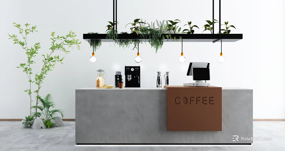 Modern Coffee Shop Reception Desk With Hanging Plants Pendant Lights Coffee Machine And Glass Bottles 3d model 
