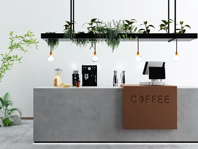 Modern Coffee Shop Reception Desk With Hanging Plants Pendant Lights Coffee Machine And Glass Bottles 3d model