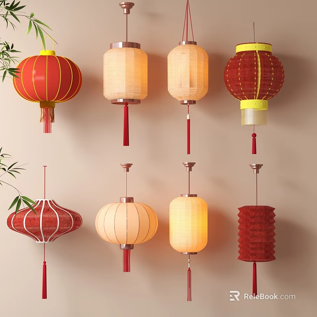 Traditional Chinese Decorative Lanterns In Red Beige Colors With Various Designs And Bamboo 3d model 