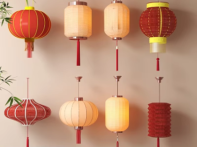 Traditional Chinese Decorative Lanterns In Red Beige Colors With Various Designs And Bamboo 3d model