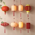 Traditional Chinese Decorative Lanterns In Red Beige Colors With Various Designs And Bamboo