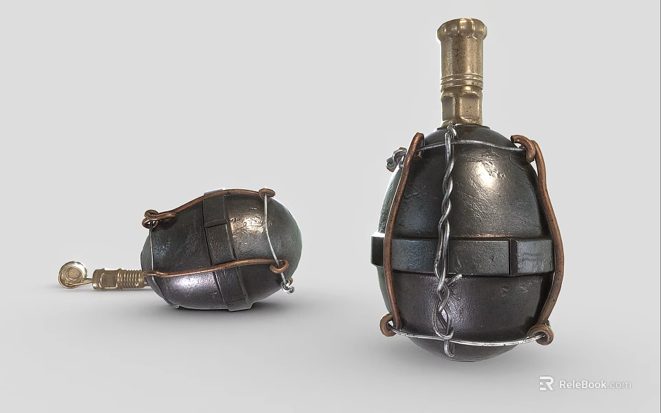 Vintage Military Hand Grenade With Metallic Casing And Chain Handle Design 3d model 