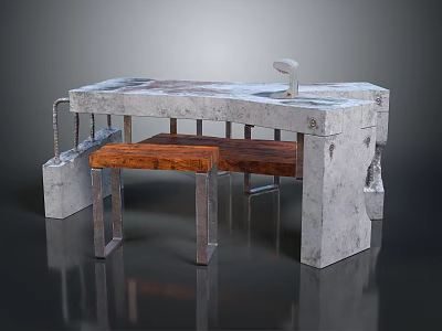Modern Concrete Top Furniture With Wooden Stool And Metal Frame Design 3d model