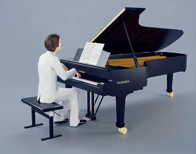 A Man Playing Black Grand Piano With Sheet Music In White Clothing Against Gray Background 3d model