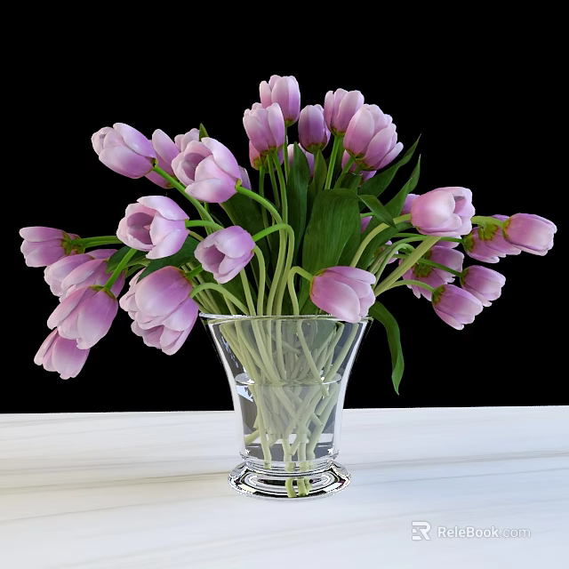 Pink Tulips in Transparent Glass Vase on White Surface with Black Background 3d model 