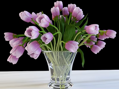 Pink Tulips in Transparent Glass Vase on White Surface with Black Background 3d model