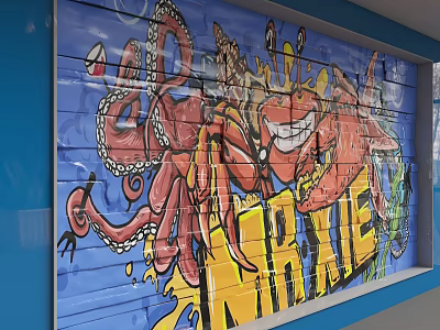 Vibrant Blue Graffiti Wall Featuring Octopus Crab And NO KIE Art Design 3d model