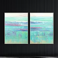 Two Abstract Paintings with Light Blue Green Beige Gray Textured on Black Vertical Striped Wall