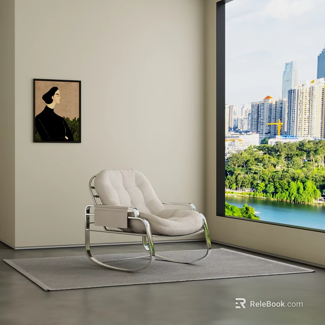 Modern White Lounge Chair With Metal Frame By Window City Lake View 3d model 