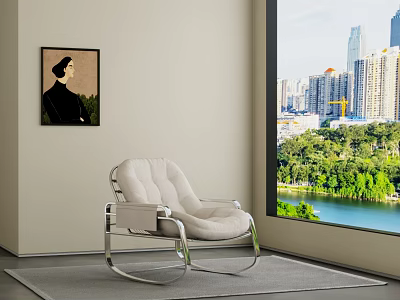 Modern White Lounge Chair With Metal Frame By Window City Lake View 3d model
