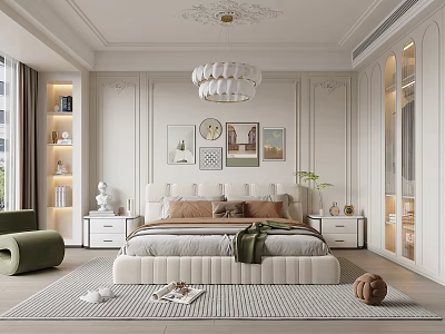 Elegant Bedroom Interior With Chandelier Wall Art Green Armchair Striped Rug And White Nightstands 3d model