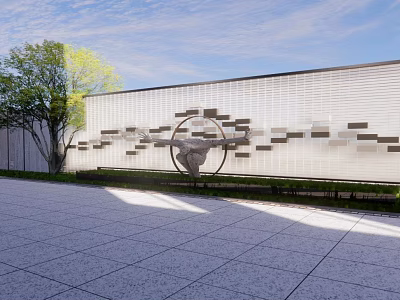 Modern White Feature Wall With Geometric Patterns Bull Sculpture And Tree In Plaza 3d model