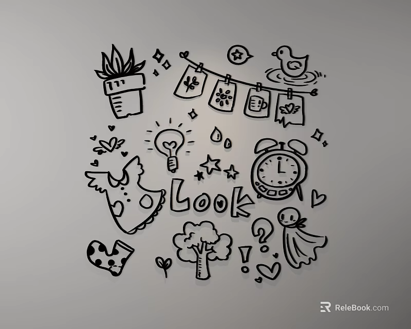Cute Hand Drawn Wall Decor With Potted Plant Bunting Clock Light Bulb Stars And Hearts 3d model 