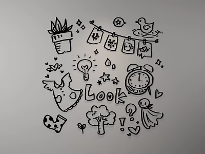 Cute Hand Drawn Wall Decor With Potted Plant Bunting Clock Light Bulb Stars And Hearts 3d model