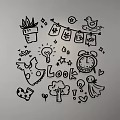 Cute Hand Drawn Wall Decor With Potted Plant Bunting Clock Light Bulb Stars And Hearts