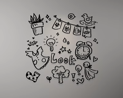 Cute Hand Drawn Wall Decor With Potted Plant Bunting Clock Light Bulb Stars And Hearts 3d model