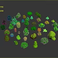 Assortment of Green Plants with Various Shapes and Sizes on Dark Background with Yellow Accents