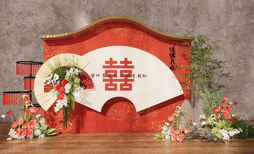 New Chinese Wedding Red Chinese Wedding Welcome Area Layout Engagement Arrangement Photo Area Welcome Area Display Area Chinese Props Bamboo Fan 3d model