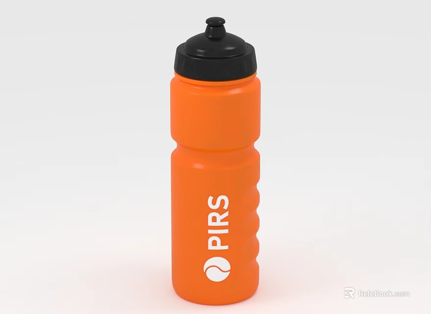 Orange Water Bottle With Black Cap PIRS Logo And Tennis Symbol Textured Surface 3d model 