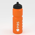 Orange Water Bottle With Black Cap PIRS Logo And Tennis Symbol Textured Surface