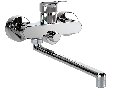 Modern Chrome Wall Mounted Faucet With Two Handles And Extended Spout 3d model