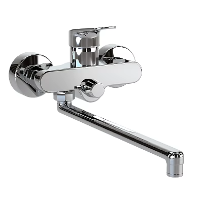 Modern Chrome Wall Mounted Faucet With Two Handles And Extended Spout 3d model