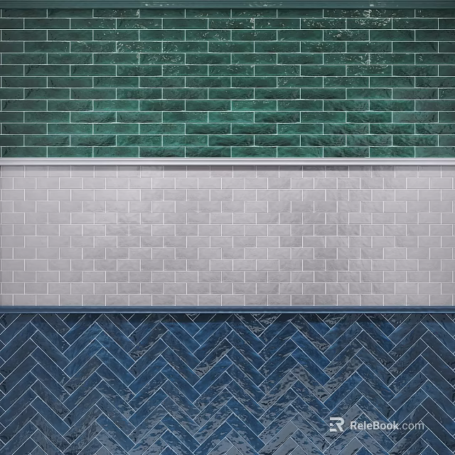 Green Gray and Blue Brick Wall Tiles with Herringbone Pattern Design 3d model
