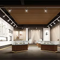 Cultural Center Interior Design With Artwork Exhibits Display Stands And Decorative Pendants