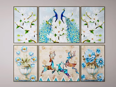 Decorative Canvas Wall Art With Peacocks Magnolias Deer And Blue Flowers 3d model