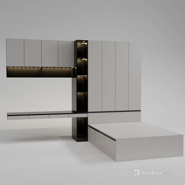Modern White And Black Storage Cabinet With Open Shelves And Drawers 3d model 