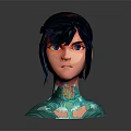 Game and Movie Character 3D Model With Dark Blue Hair Red Eyes Green Blue Patterns