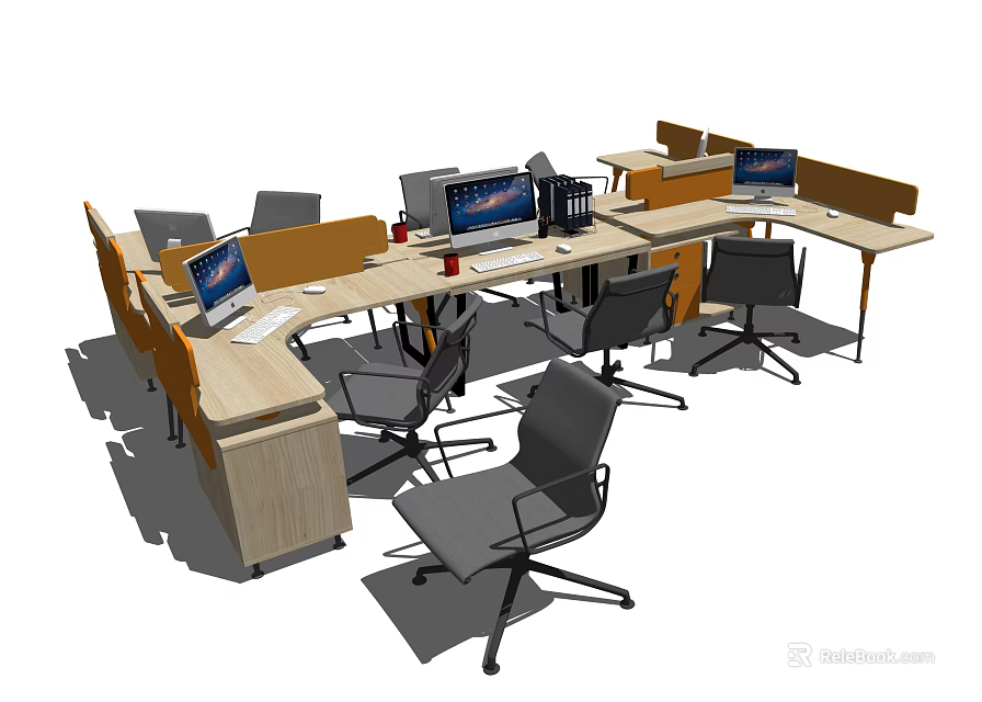 Modern Office Desks With Computers Ergonomic Chairs And Workspace Layout 3d model