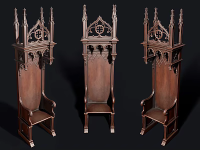 Vintage Wooden Single Chair With Gothic Carved Design And Decorative Pointed Top Structure 3d model