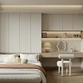 Modern Minimalist Bedroom With Cozy Bed Pillows Wooden Desk Lamp Mirror Cabinets And Bright Lighting