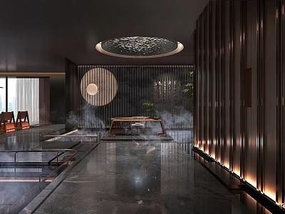 Modern Luxury Teahouse Interior With Chinese Elements Round Pendant Light Wooden Partitions And Marble Floor 3d model