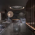 Modern Luxury Teahouse Interior With Chinese Elements Round Pendant Light Wooden Partitions And Marble Floor