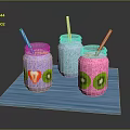 Colorful Fruit Mason Jar Drinks with Strawberry Kiwi Slices and Straws on Blue Tray