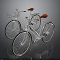 Two White Bicycles With Red Seats Handlebars And Front Basket On Gray Background