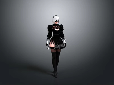 Woman In Black Dress With White Hair Accessory Black Thigh High Socks And Gray Background 3d model
