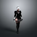 Woman In Black Dress With White Hair Accessory Black Thigh High Socks And Gray Background