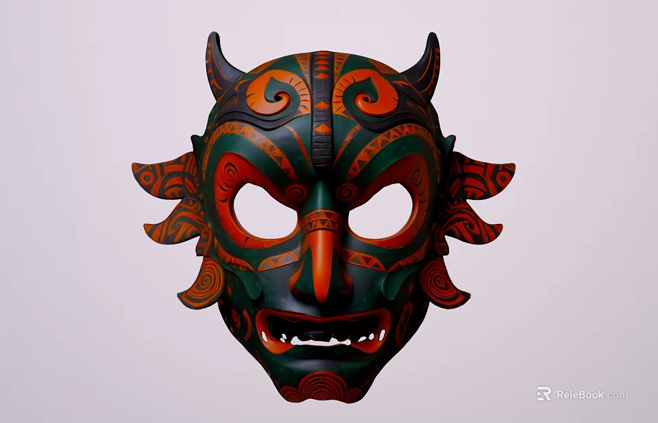 Traditional Green Orange Decorative Mask Ornament Set With Horns And Patterns For Home Decor 3d model 