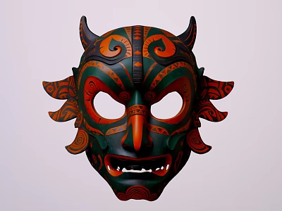 Traditional Green Orange Decorative Mask Ornament Set With Horns And Patterns For Home Decor 3d model