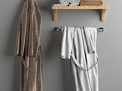 Laundry Essentials Bath Robes And Towels Hanging On Metal Hanger With Wooden Shelf 3d model