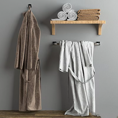 Laundry Essentials Bath Robes And Towels Hanging On Metal Hanger With Wooden Shelf 3d model