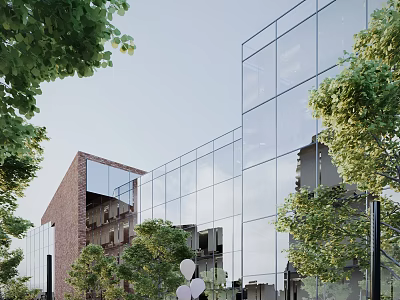 Modern Office Building With Glass Curtain Wall Red Brick Structure And Surrounding Green Trees 3d model
