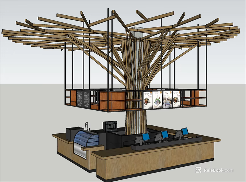 Modern Reception Desk Design With Tree Like Wooden Canopy And Computers 3d model 