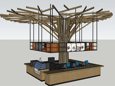 Modern Reception Desk Design With Tree Like Wooden Canopy And Computers 3d model