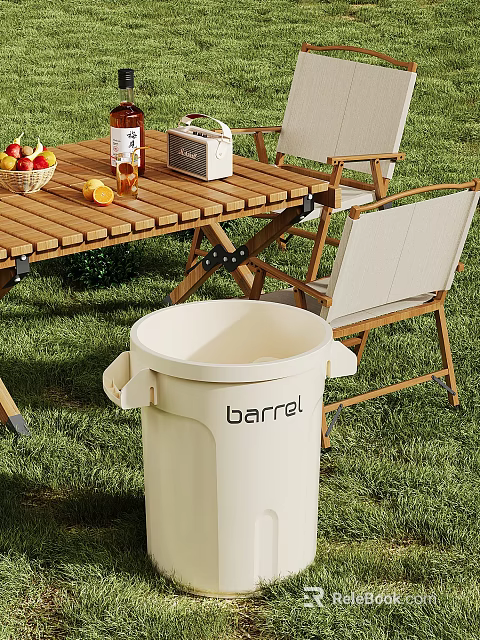 Outdoor White Plastic Barrel Trash Can Near Wooden Table With Foldable Chairs On Grass 3d model 